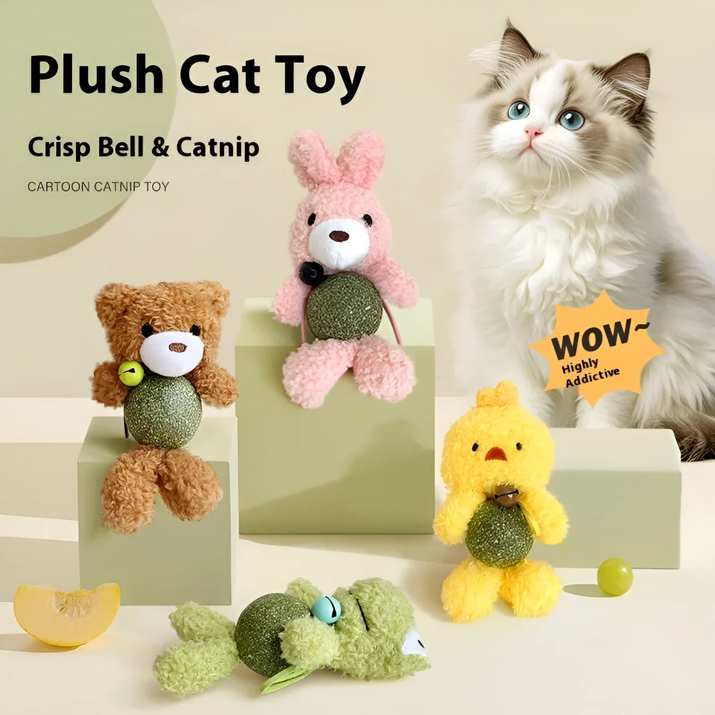 Plush catnip ball toy with bell in animal character design for cats