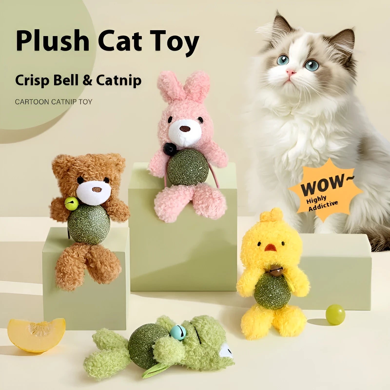 Plush catnip ball toy with bell in animal character design for cats
