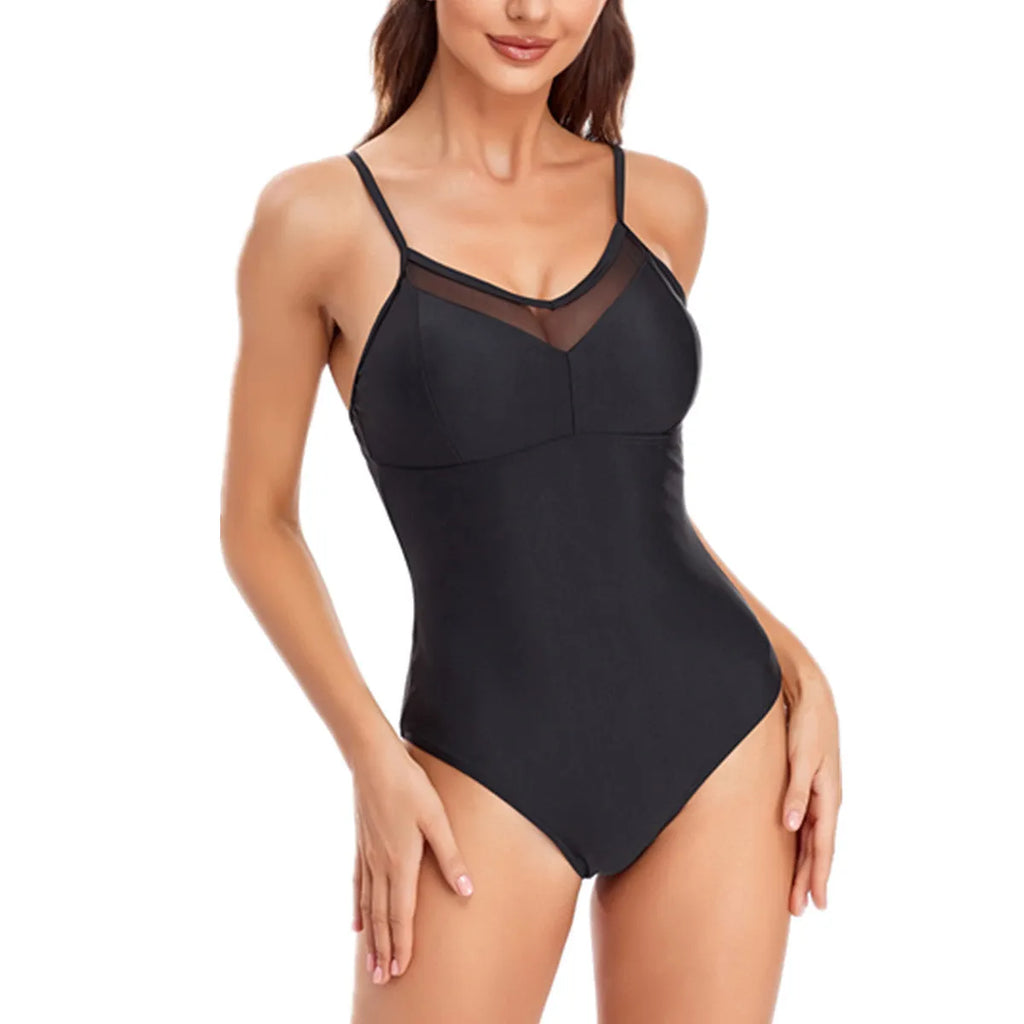 Ladies' backless mesh one-piece swimsuit in solid black or blue, showing high elasticity fit.