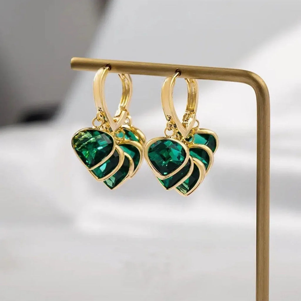 Green heart pendant ear clip earrings with Korean style design and alloy inlay artificial gemstone details