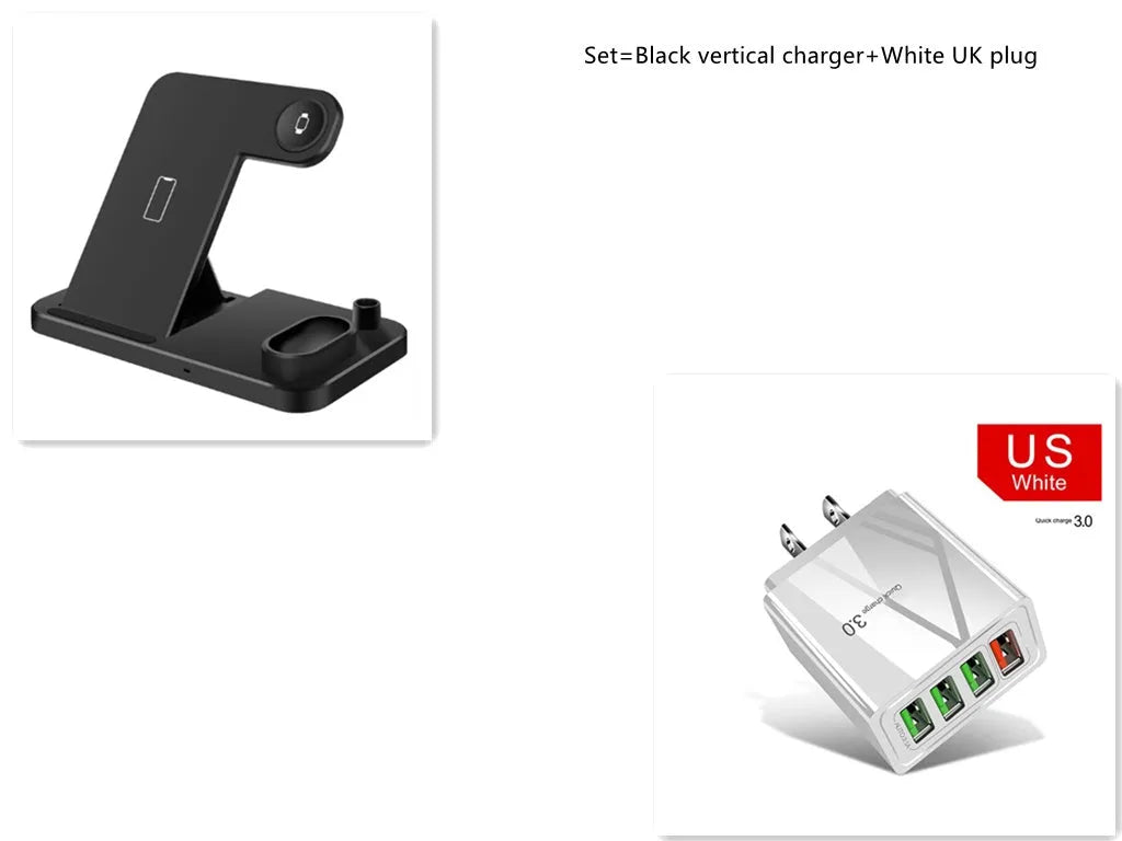 4-in-1 wireless charging station showing phone, Apple Watch, AirPods and Apple Pencil charging simultaneously on adjustable stand