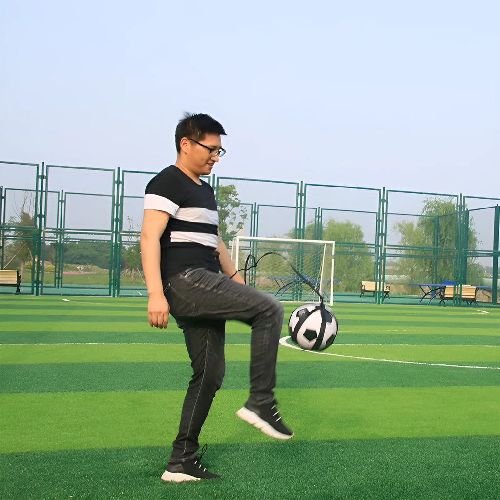 Black football juggling training belt with rotating mechanism for solo practice drills