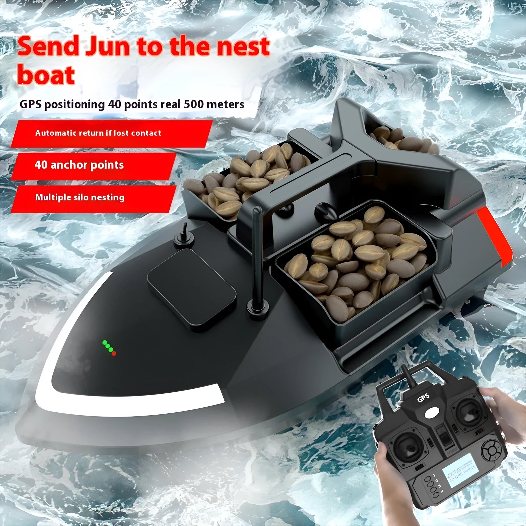 Black remote control GPS fishing boat with antenna and bait container on 49cm hull
