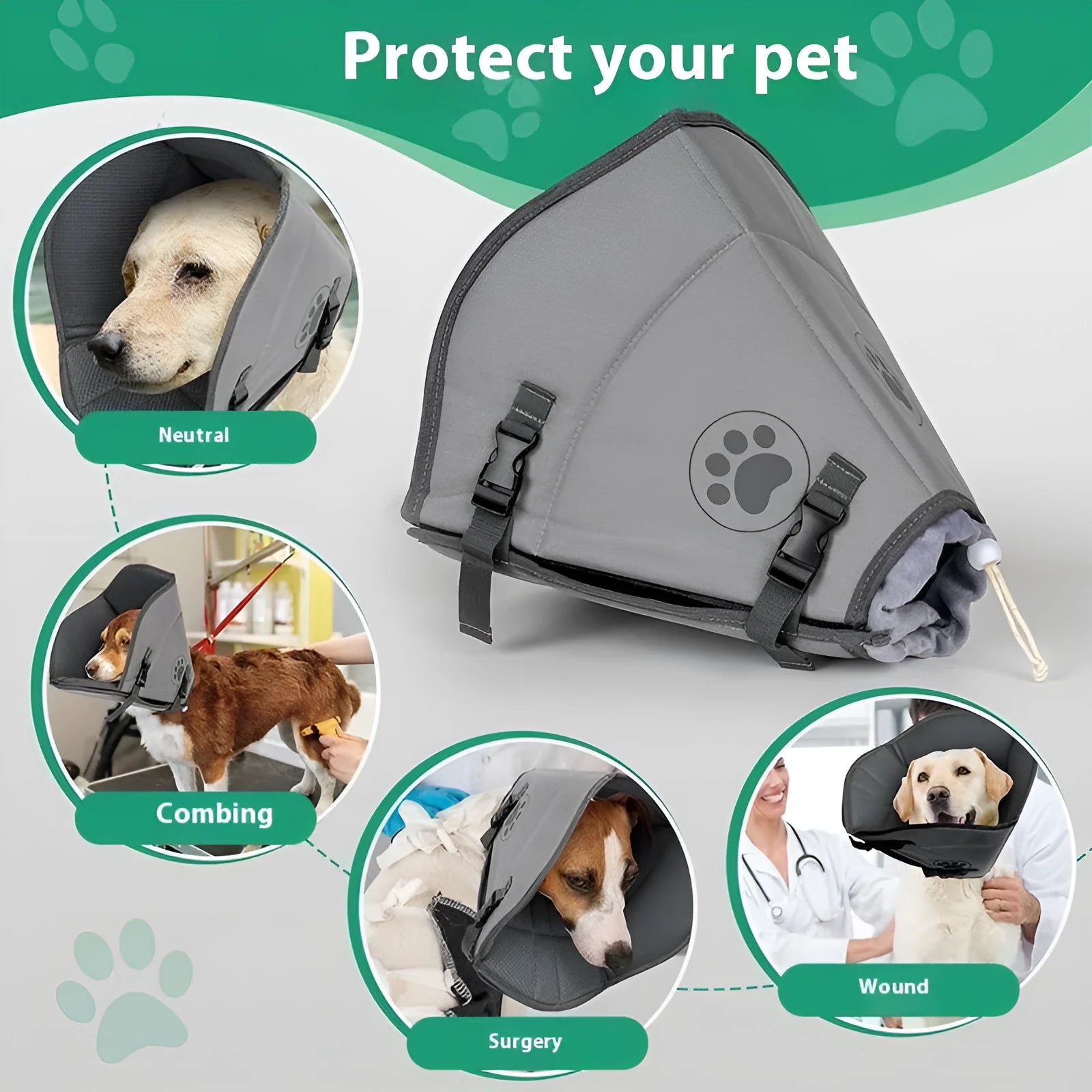 Adjustable polyester pet recovery collar in sizes L, M, XL showing single and double layer options.