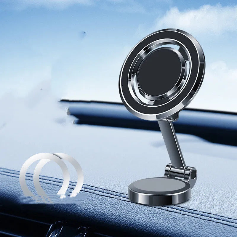 Magnetic adhesive car phone holder mounted on centre console with 360-degree rotation bracket