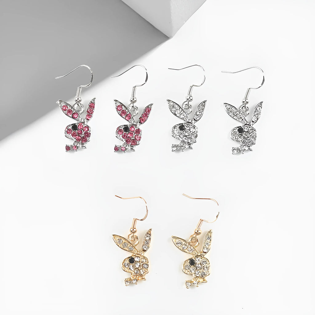 Rabbit-shaped stud earrings covered in crystals with butterfly clutch fastenings in silver, pink and gold colours