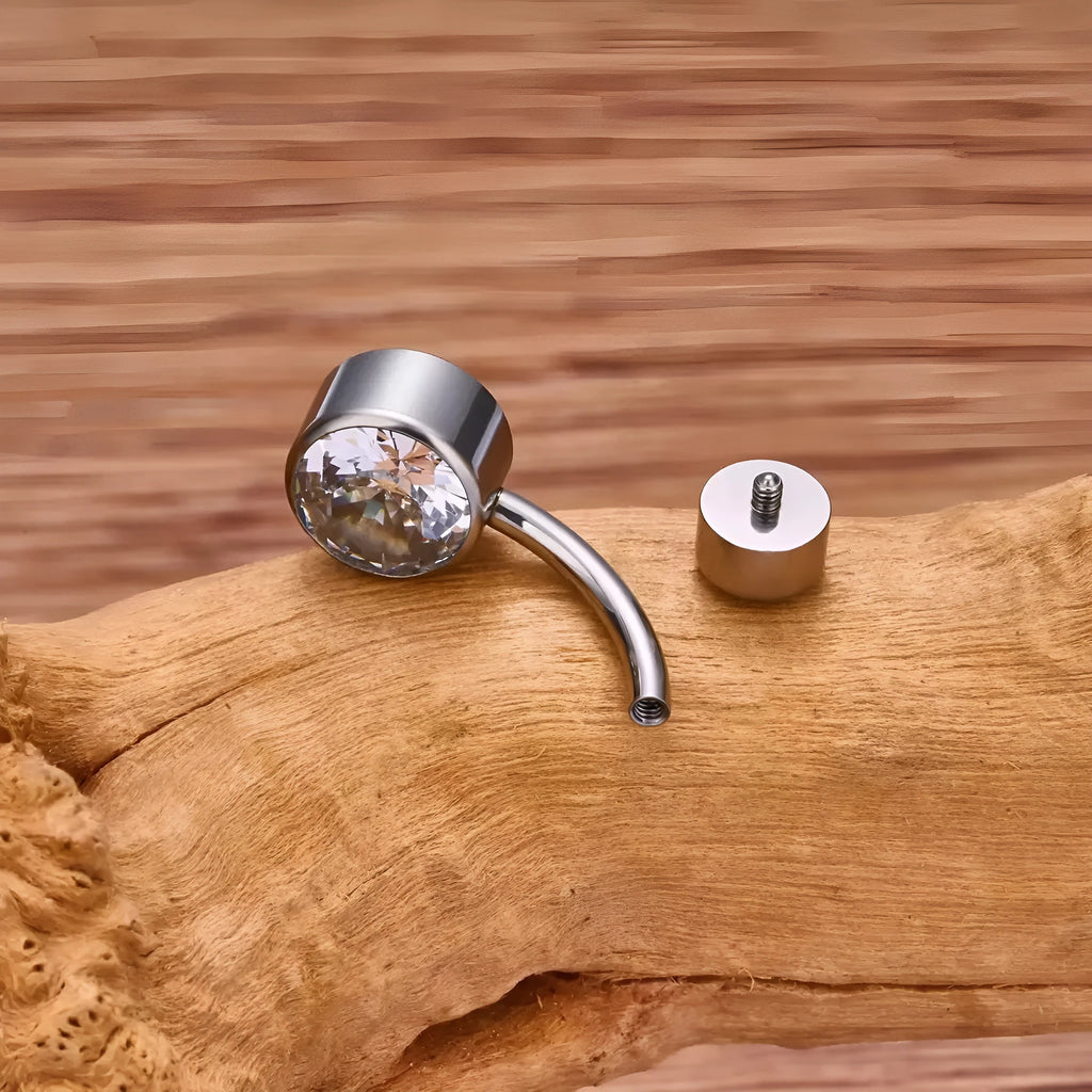 Titanium alloy navel piercing stud with double-headed zircon stones in various colours
