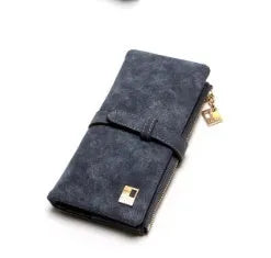 Women's long vertical zip wallet in retro matte PU leather, shown in an open two-fold view revealing internal card slots and compartments.