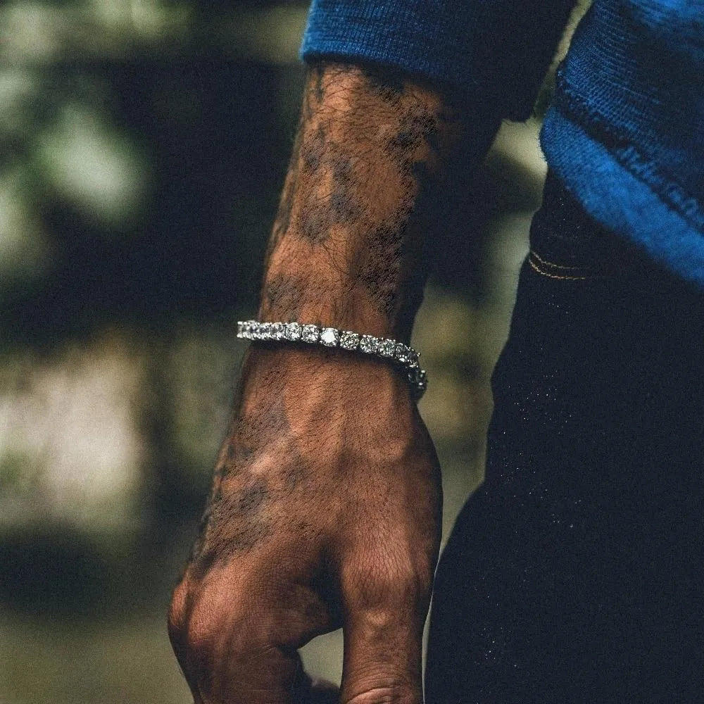 Men's geometric hip hop bracelet with single row rhinestones and zirconia accents on alloy chain
