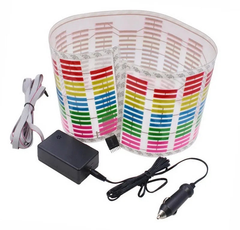 90 by 25 cm car voice control music rhythm lamp with electroluminescent panel lit up on a dashboard.