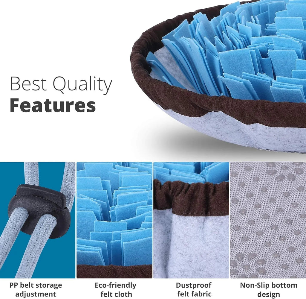 Blue adjustable dog snuffle mat with suction cups, used as a puzzle feeder for slow eating and mental stimulation.