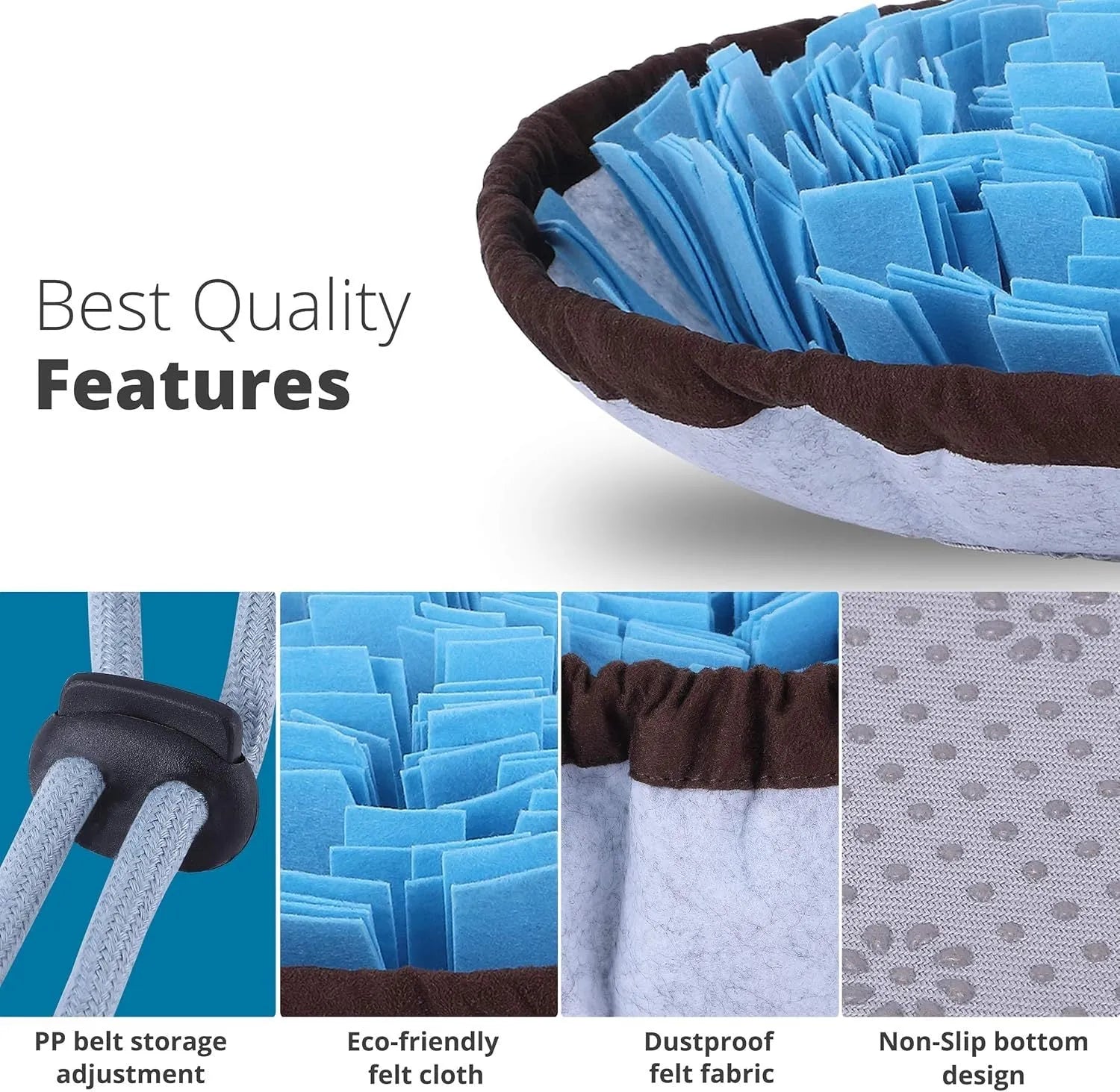 Blue adjustable dog snuffle mat with suction cups, used as a puzzle feeder for slow eating and mental stimulation.