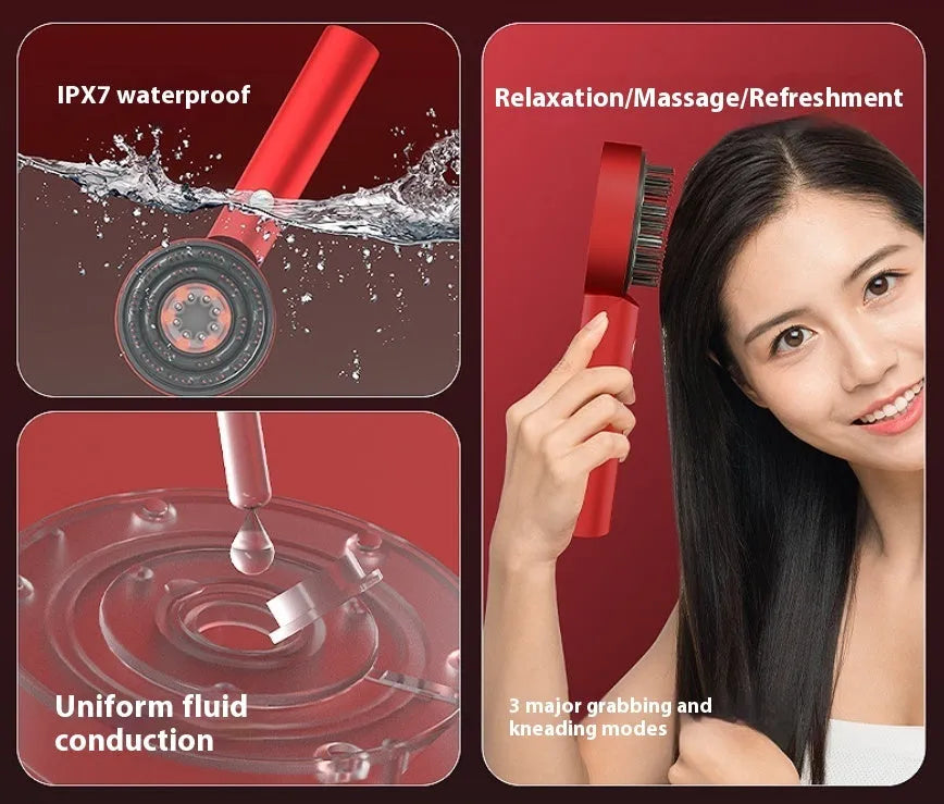 Red and blue light therapy massage hair comb in black or red plastic with Type-C charging port.