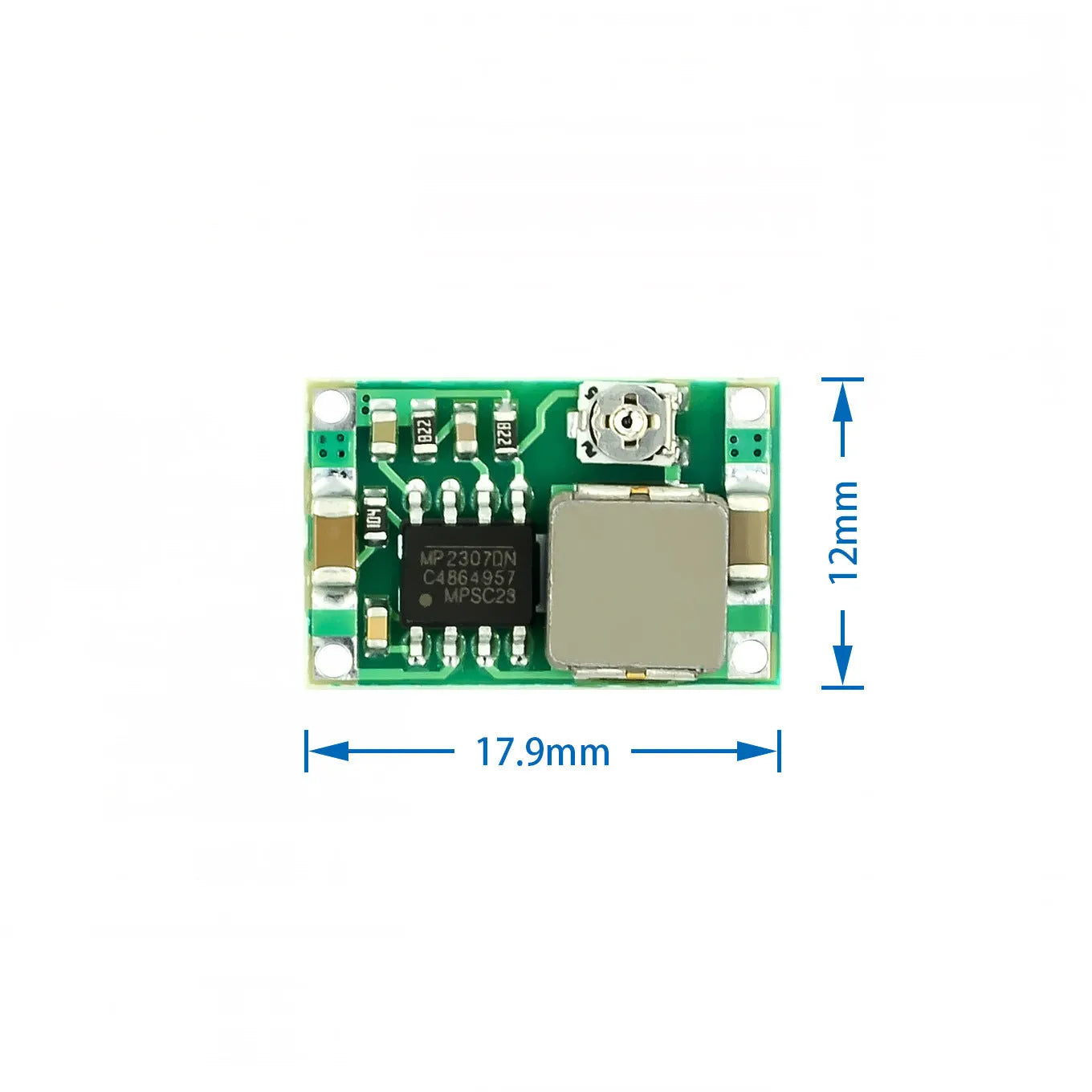 Green Mini-360 DC-DC buck converter module measuring 17x11mm with adjustable output voltage