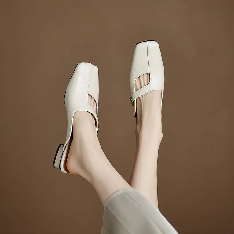 Square toe outdoor slippers in artificial PU with rubber sole available in black, beige, or silver colours