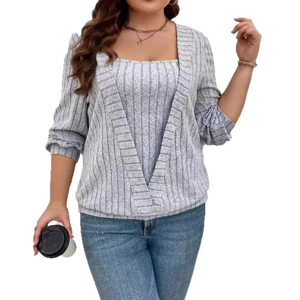 Women's solid colour V-neck false two-piece suit with long sleeves in ribbed fabric