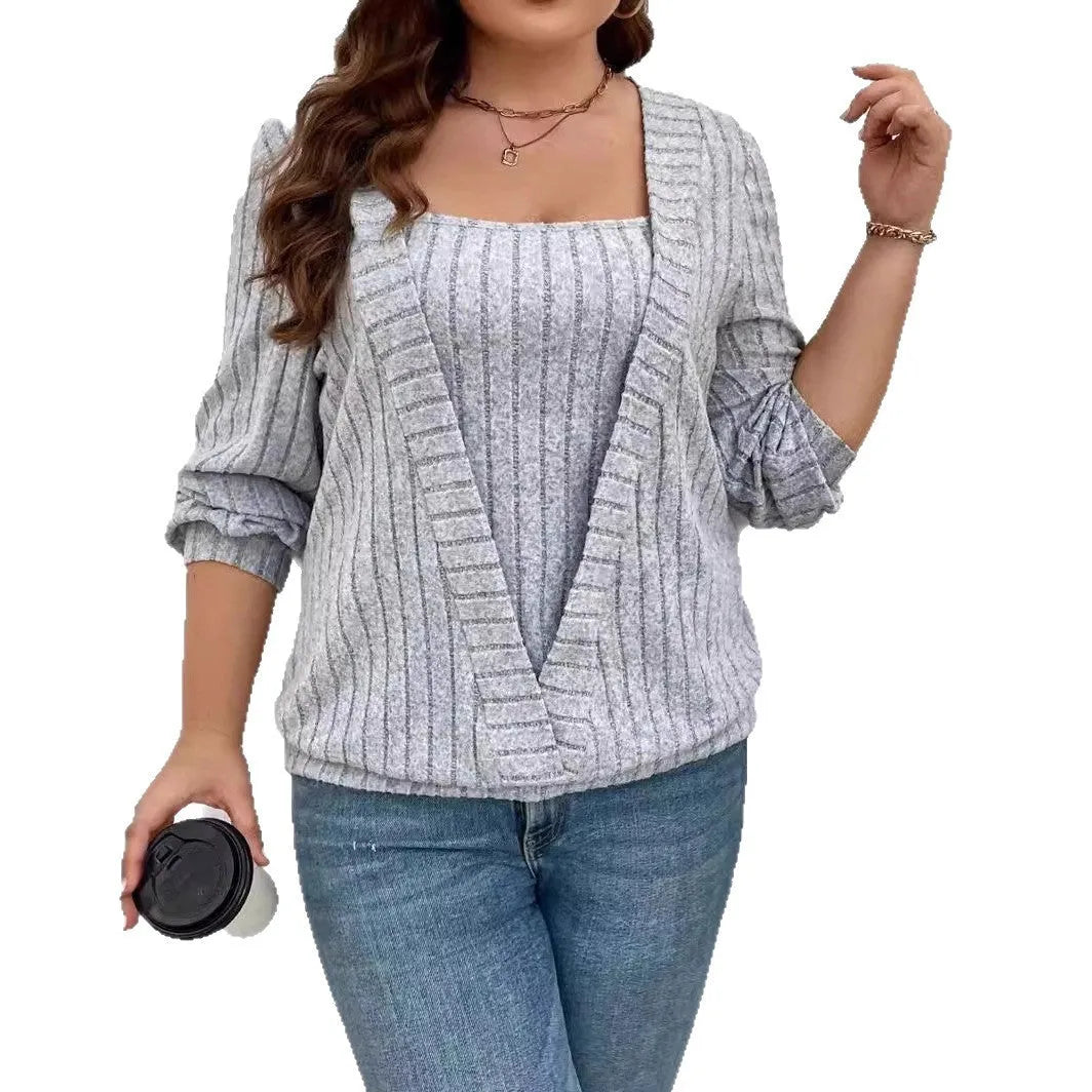 Women's solid colour V-neck false two-piece suit with long sleeves in ribbed fabric