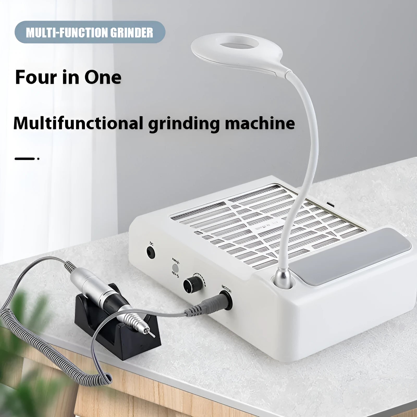 White multifunctional nail polishing machine with vacuum cleaner and four grinding heads