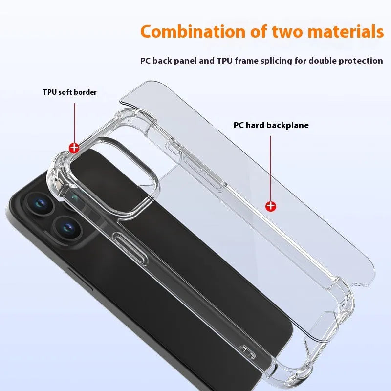 Transparent TPU PC phone case with anti-fingerprint surface and drop-resistant airbag design for iPhone