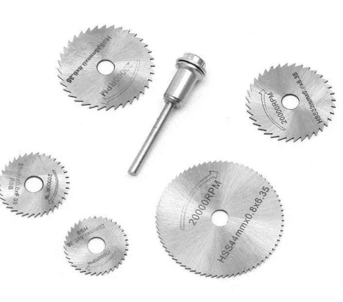 Six circular saw blades with mandrel for woodworking, high-speed steel construction with 10-25mm diameter range