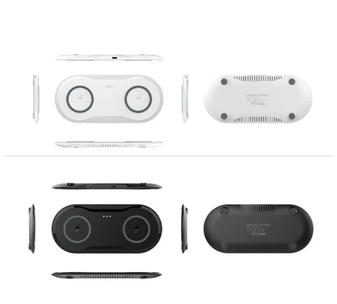 Black and white dual wireless charging pad with two phone charging surfaces and Type-C cable