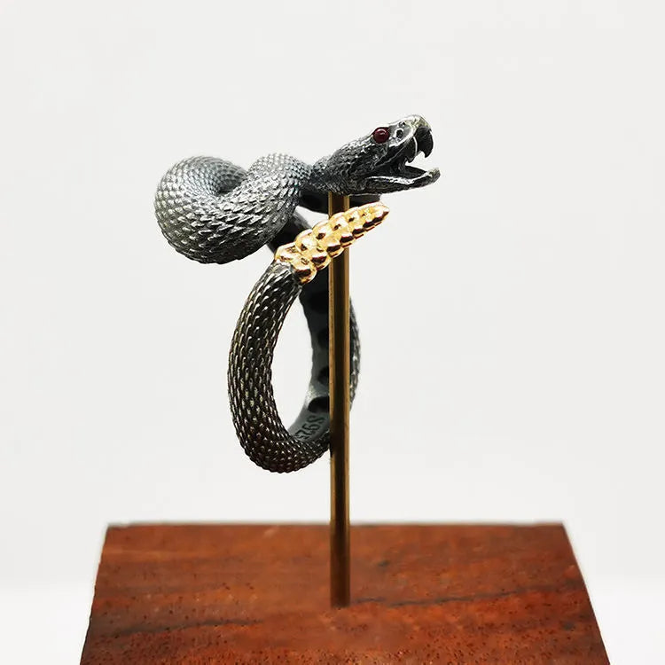Rattlesnake ring in alloy with black closed finish retro style electroplating on white background
