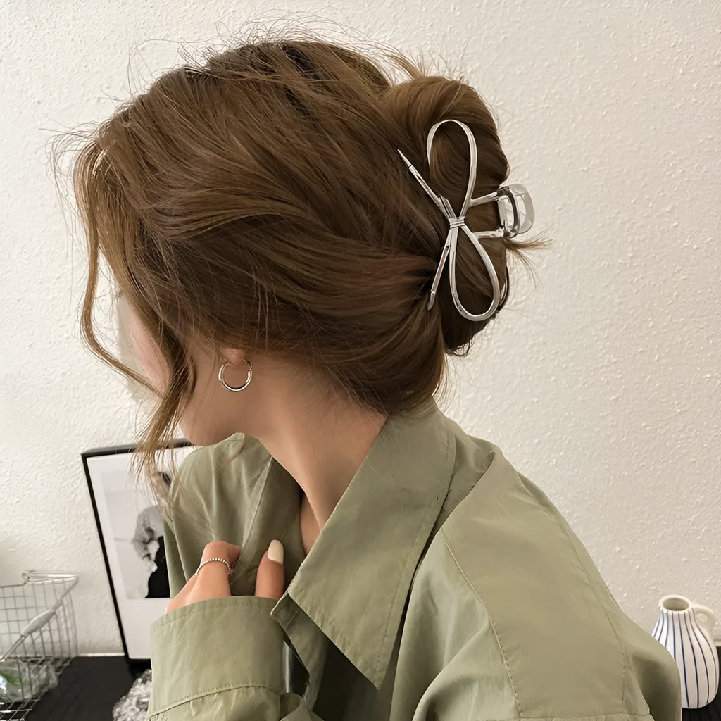Women's bow barrette hair clip with back head grip in gold or silver alloy metal