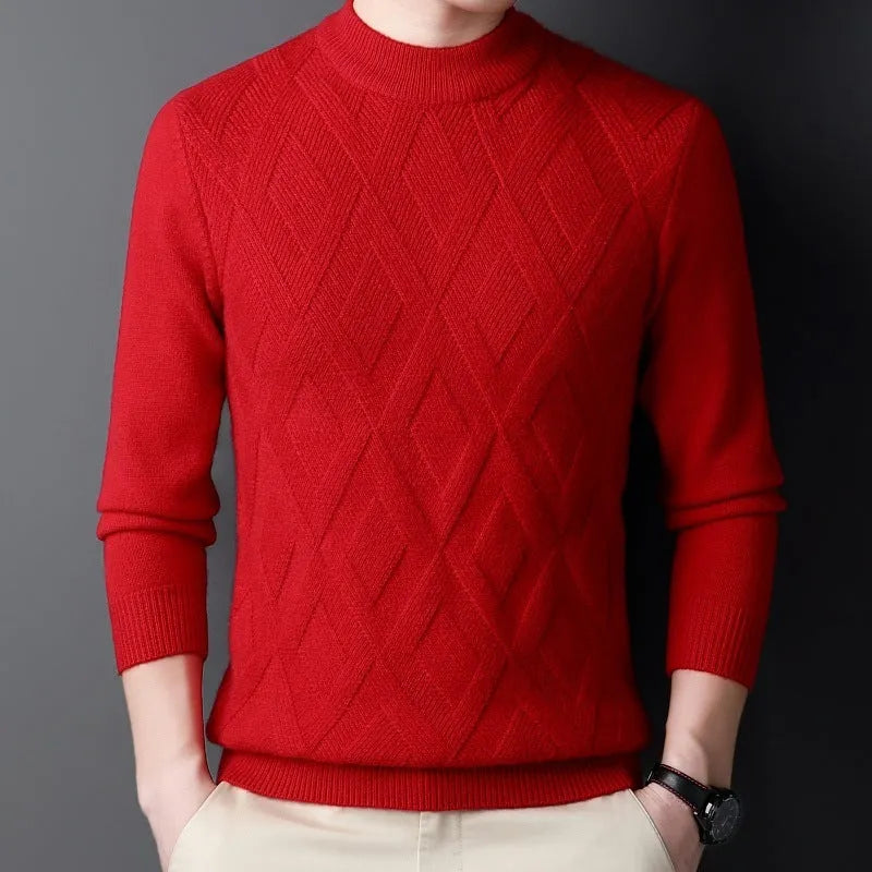 Men's plus size winter thermal pullover sweater with diamond jacquard pattern in light camel colour