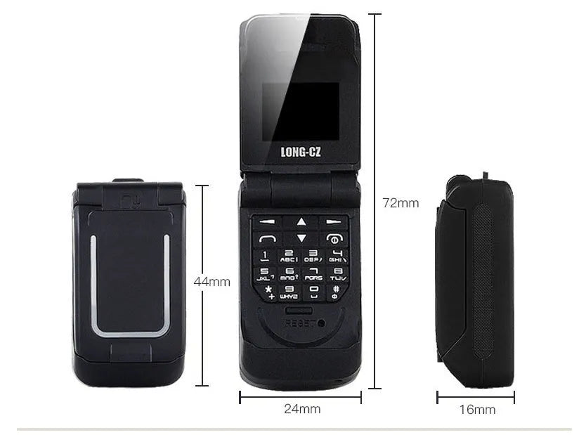 Mini flip phone in gold, showing closed flip cover design with small screen.