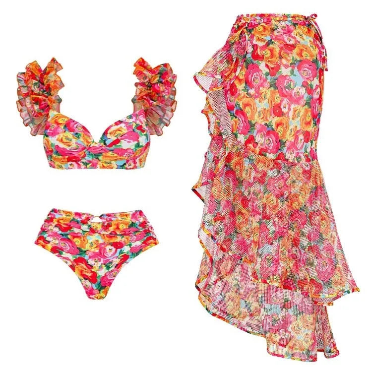 Women's floral high waist bikini swimsuit two-piece set with coordinating skirt