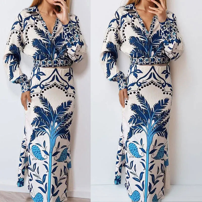 Casual fashion set with long sleeve top and long skirt in picture colour