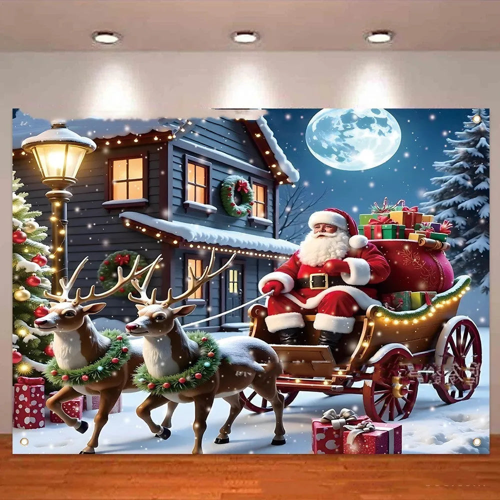 Large rectangular Santa Claus Christmas banner with night scene and gifts on red polyester fabric.