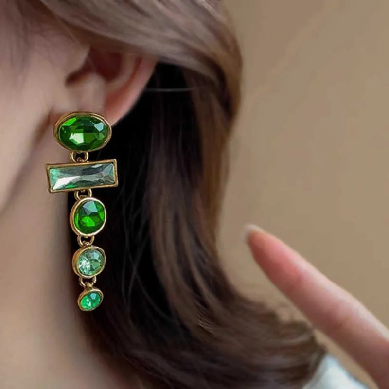 Green gradient retro earrings with geometric Chinese design and zircon inlay
