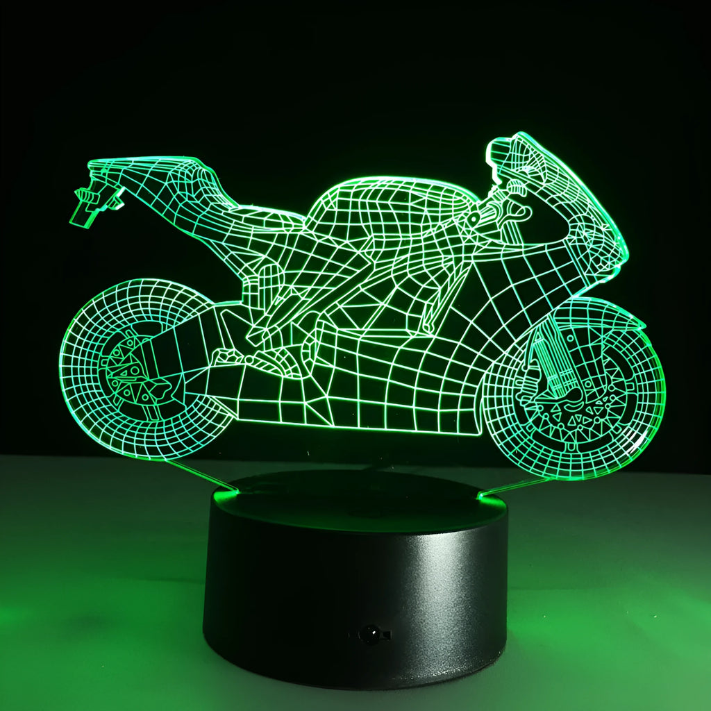 Motorcycle LED desk lamp with black base and acrylic shade on a wooden desk, 220x130x90mm