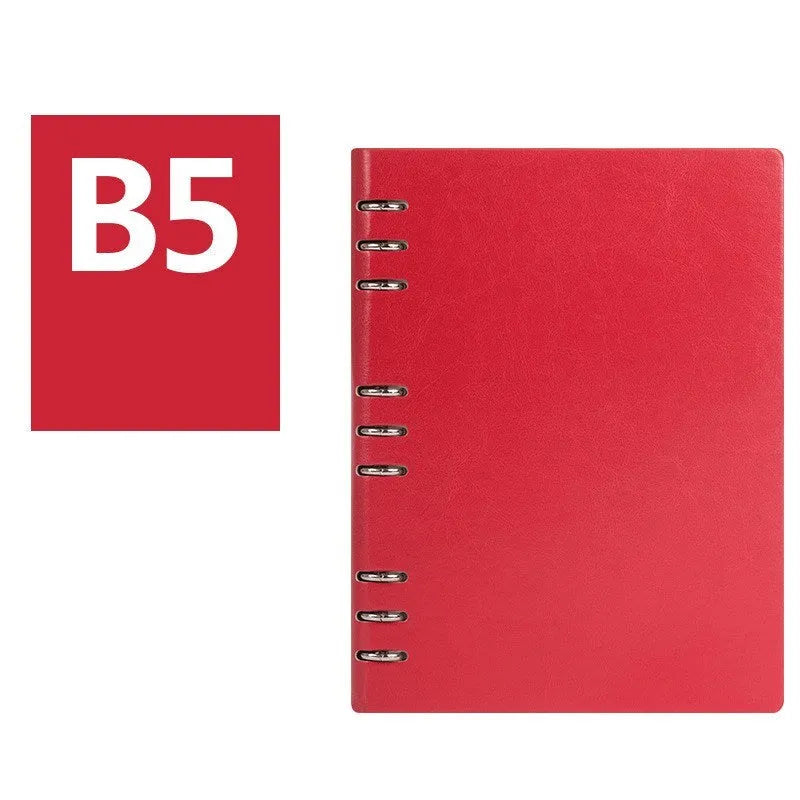 Simple business loose-leaf notebook in imitation leather, shown in multiple colours and A5, A6, B5 sizes.