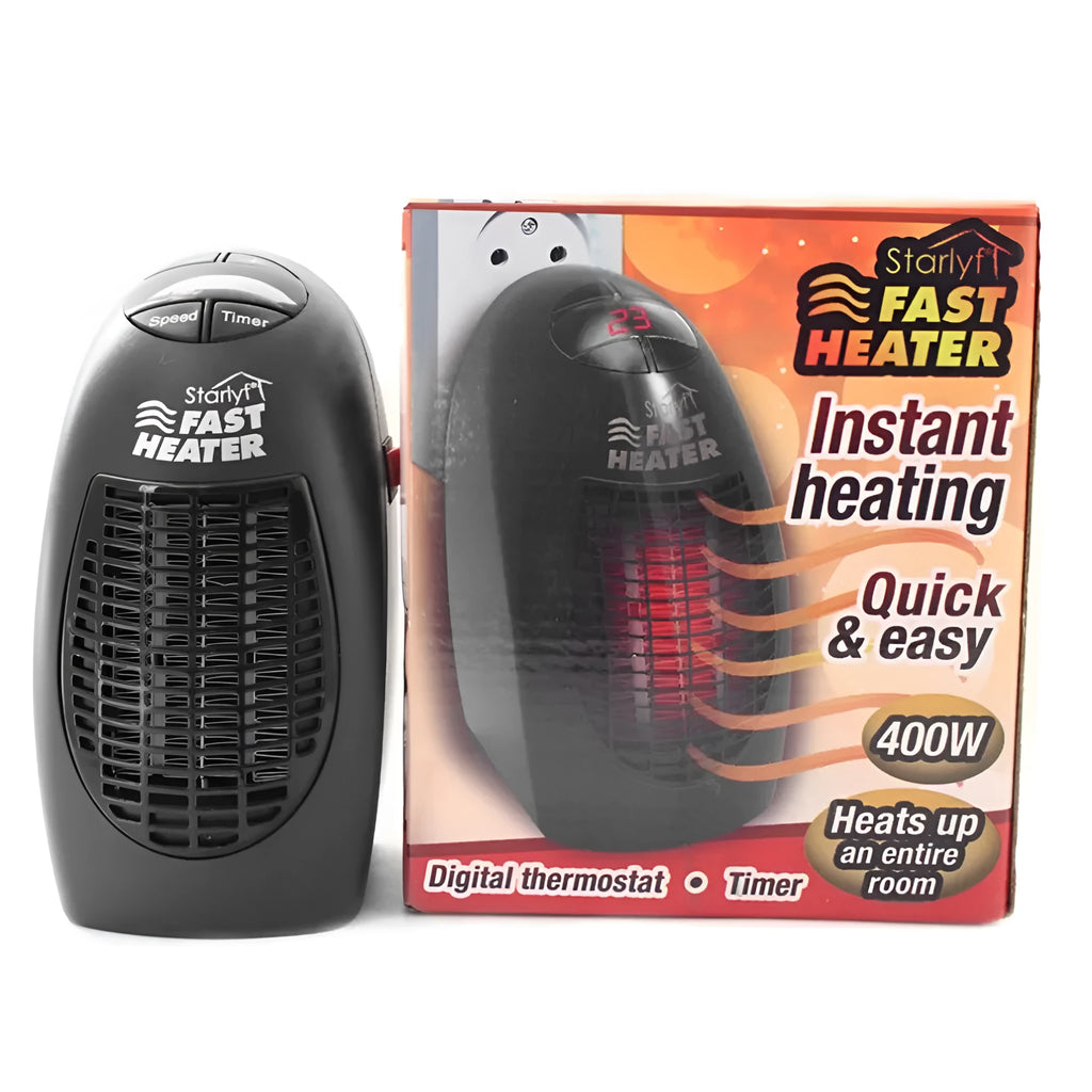 Black mini portable electric heater showing digital display and rotating plug on a white background.