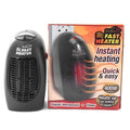 Black mini portable electric heater showing digital display and rotating plug on a white background.
