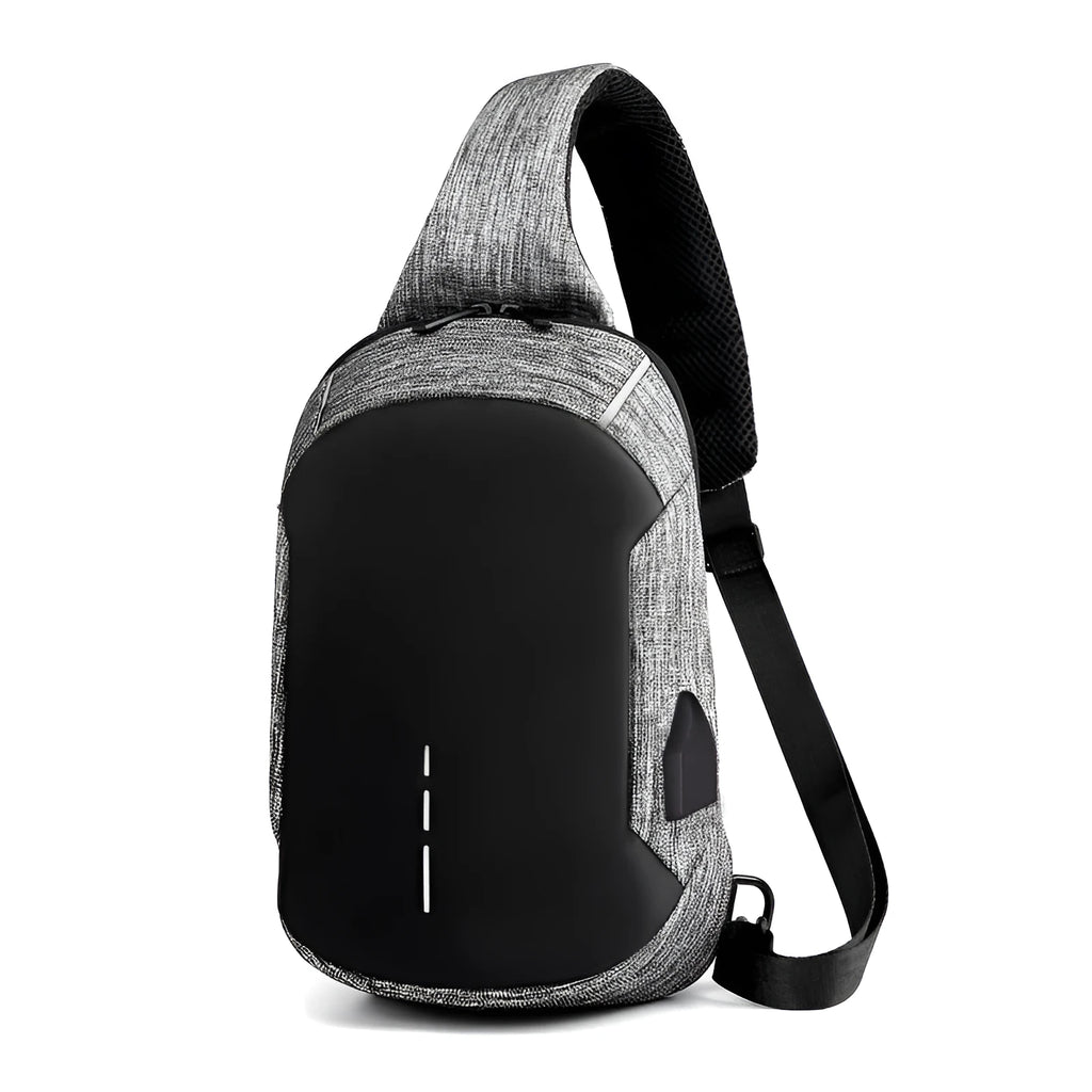 Small square Oxford waterproof chest bag in dark blue with internal phone pocket and single strap
