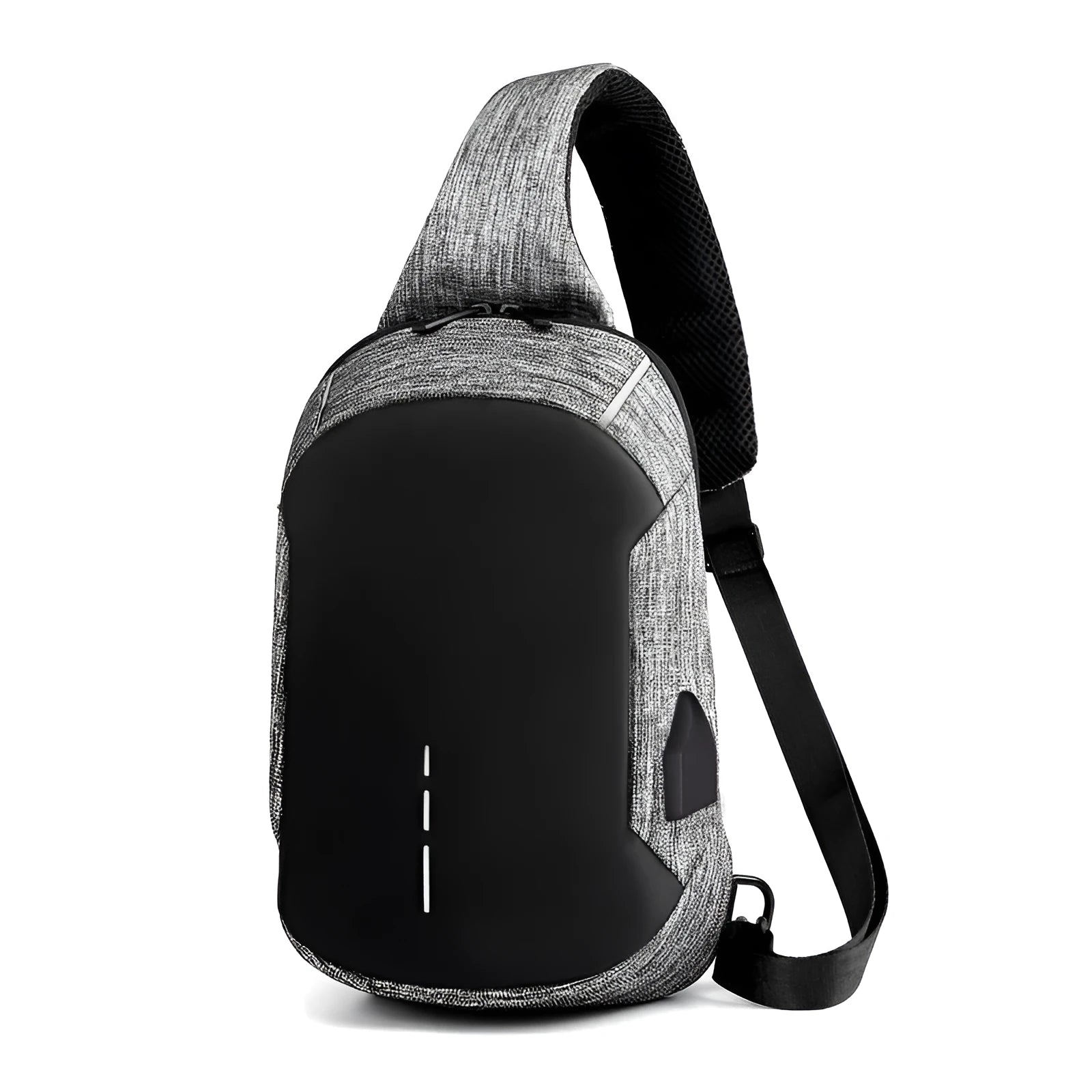 Small square Oxford waterproof chest bag in dark blue with internal phone pocket and single strap