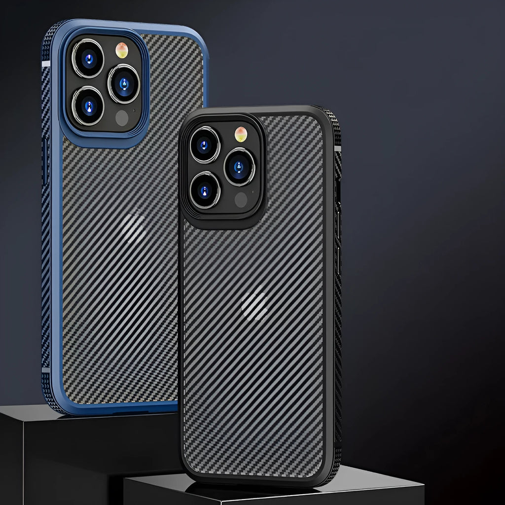 Black iPhone 13 protective case with carbon fibre pattern on a table