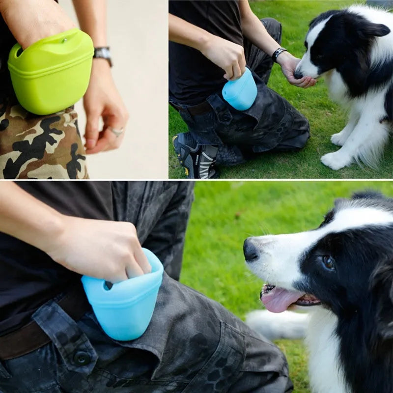 A silicone dog training treat bag with a belt clip, shown in one of six colour options.