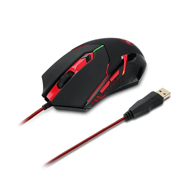 Black and red USB wired optical gaming mouse with six buttons and ergonomic shape