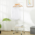 White iron frame pulley storage car with an adjustable hanging rod for trousers and ties.