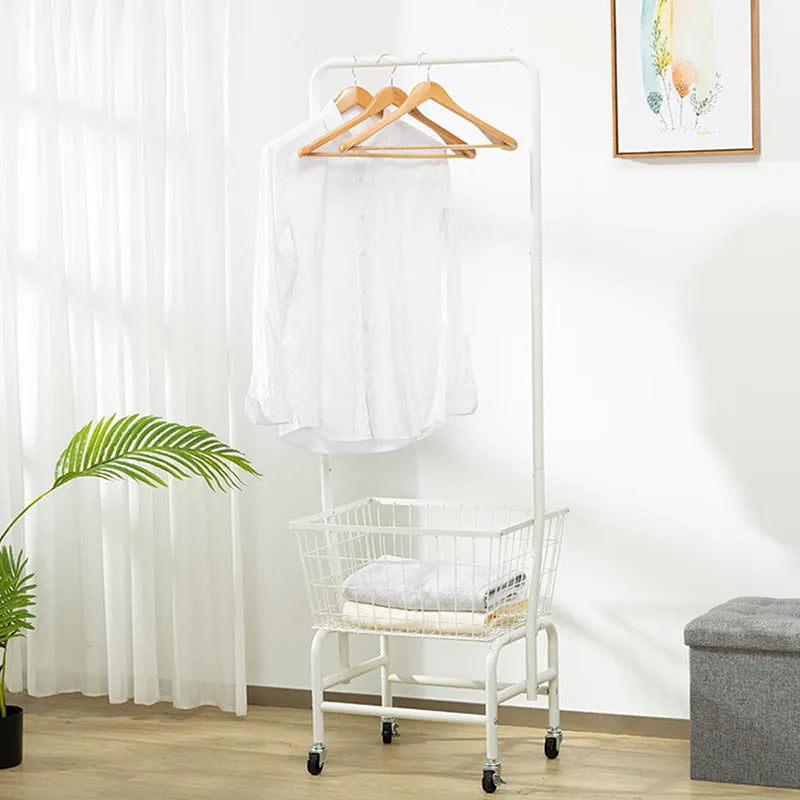 White iron frame pulley storage car with an adjustable hanging rod for trousers and ties.
