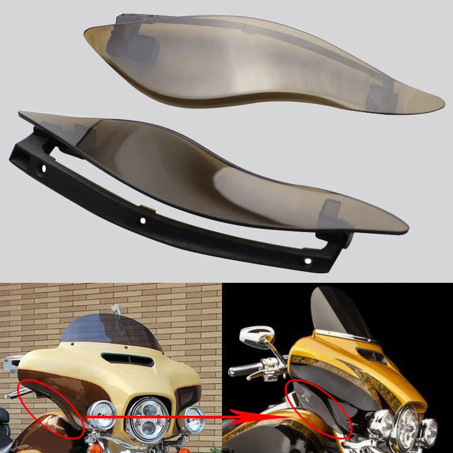 Set of two smoked ABS plastic side wings for a Harley three-wheel motorcycle windshield.