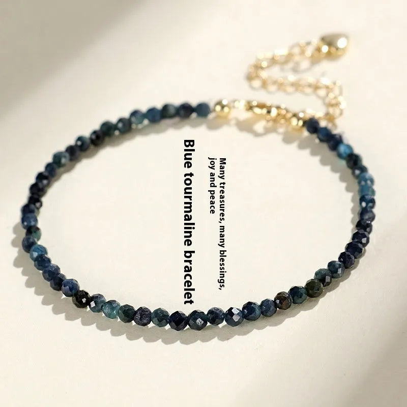 Blue tourmaline beaded bracelet with 3mm gemstone beads and spacer bead design