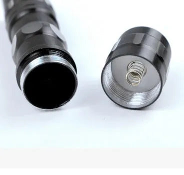 Black aluminium LED mini flashlight with compact design showing 9.5cm length