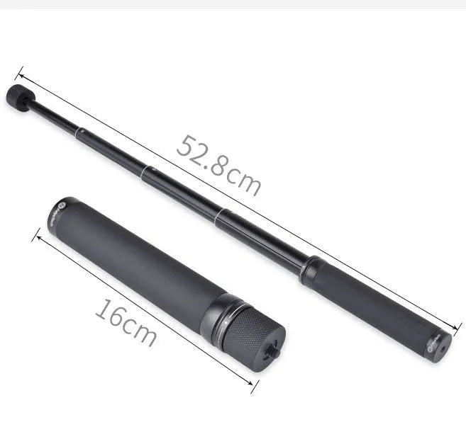 Black retractable aluminium selfie stick with hand-held stabiliser and phone grip, shown extended and collapsed.