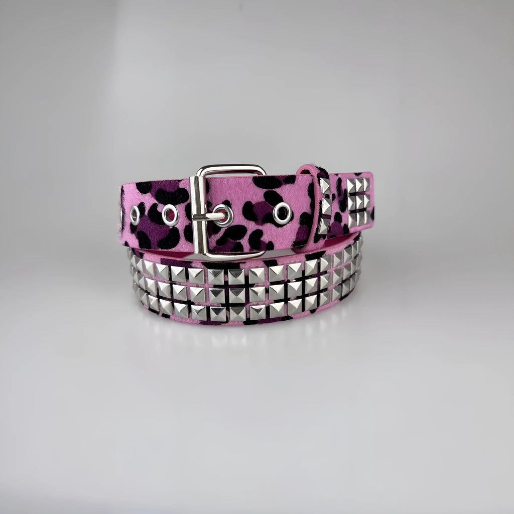 Women's punk-style brown leopard print belt with silver metal pyramid rivets and an alloy buckle.