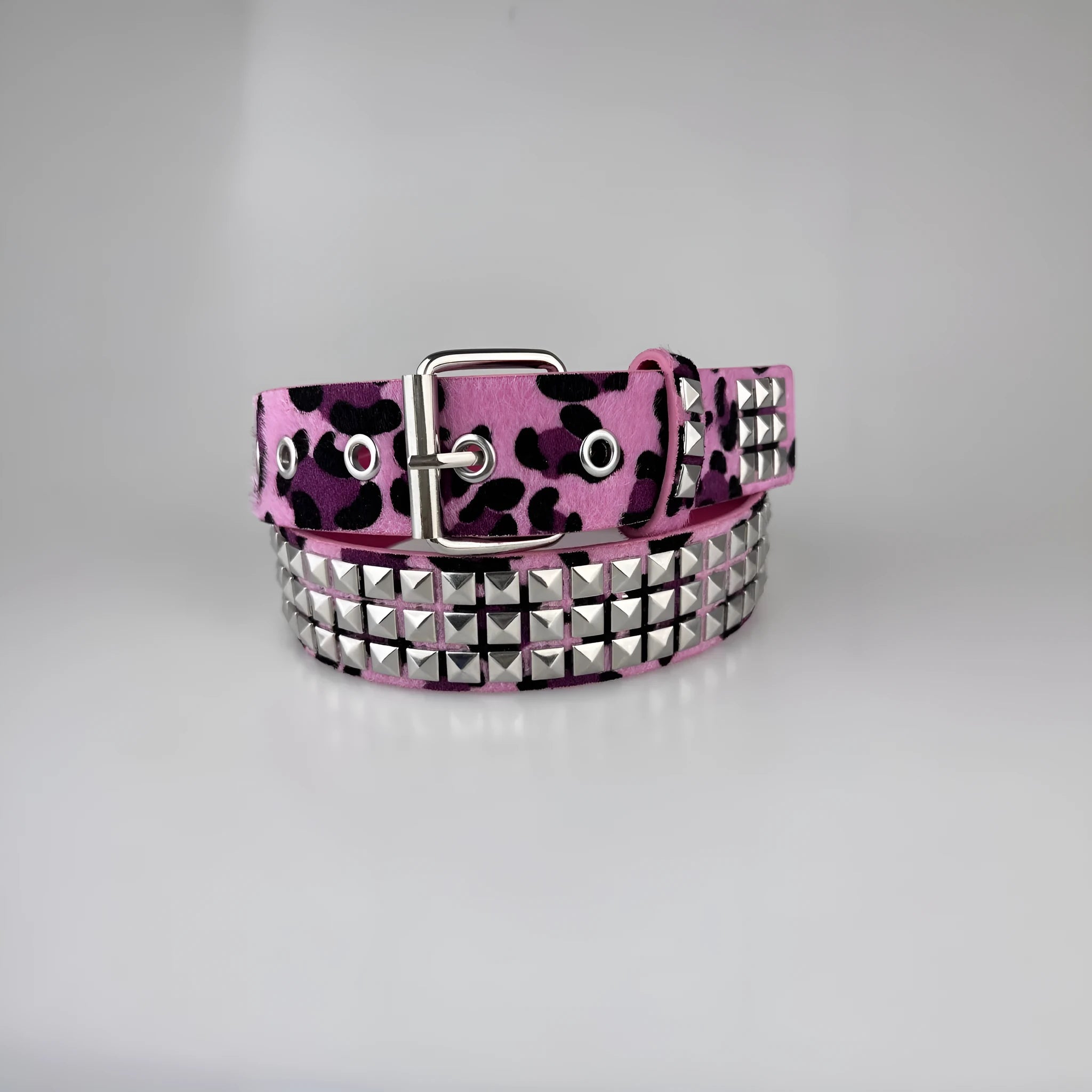 Women's punk-style brown leopard print belt with silver metal pyramid rivets and an alloy buckle.